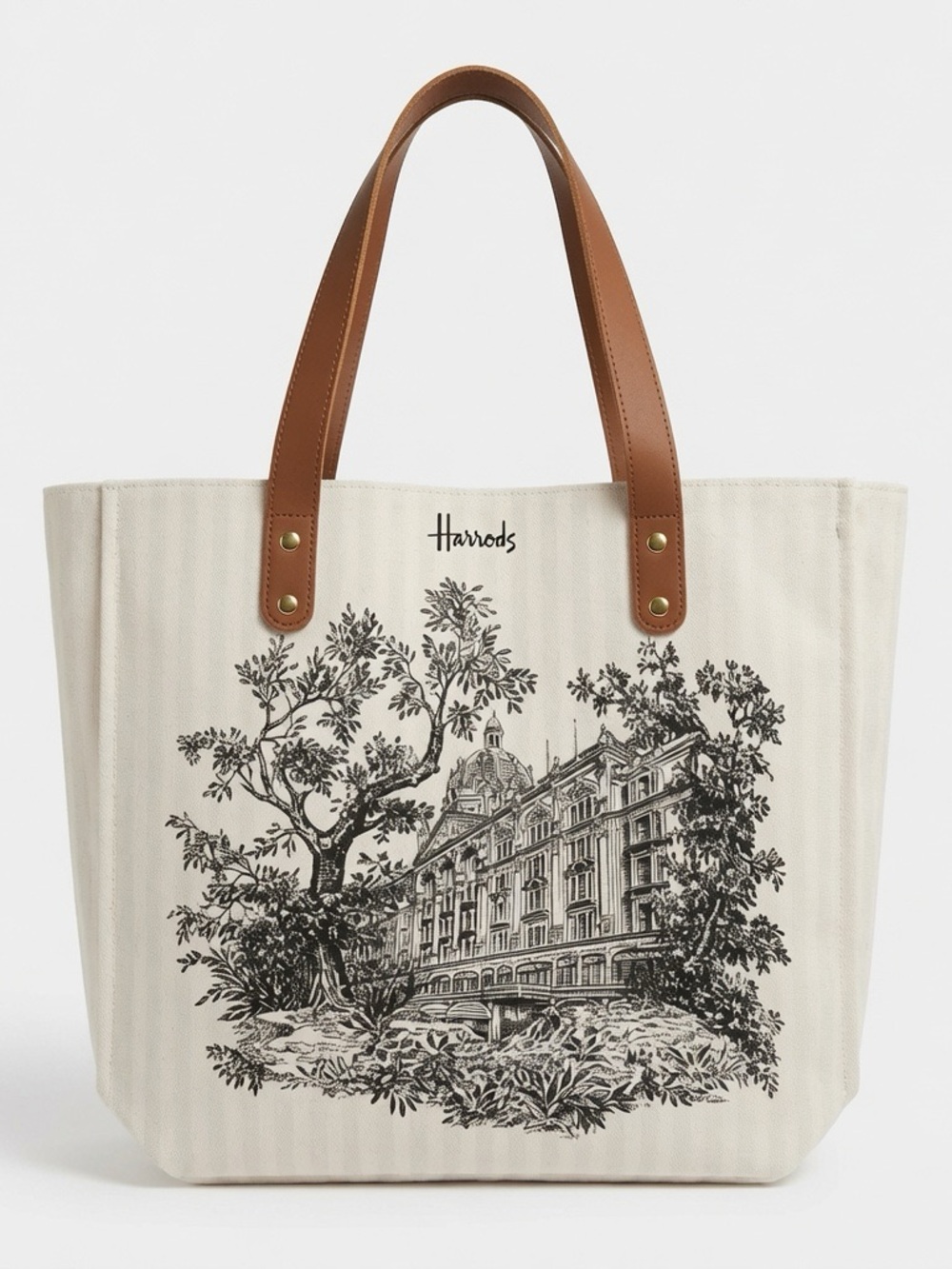 Harrods Cream Canvas Tote with Brown Leather Handles and Black Print